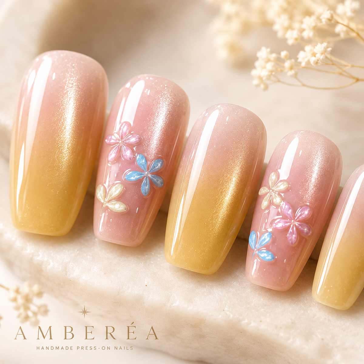 Peach Yellow Ombre Flower Press On Nails | Medium Coffin Reusable Fake Nails