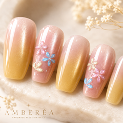 Peach Yellow Ombre Flower Press On Nails | Medium Coffin Reusable Fake Nails