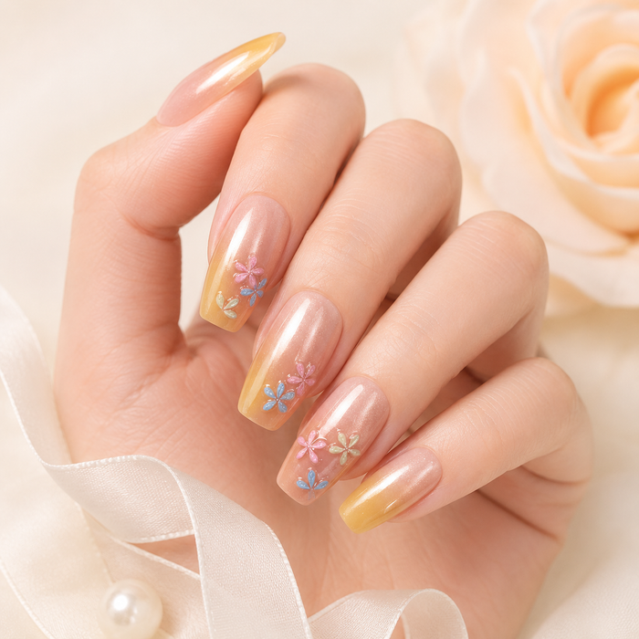 Peach Yellow Ombre Flower Press On Nails | Medium Coffin Reusable Fake Nails