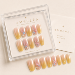 Peach Yellow Ombre Flower Press On Nails | Medium Coffin Reusable Fake Nails