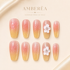 Peach Yellow Ombre Glitter Flower Press On Nails | Medium Coffin Fake Nails