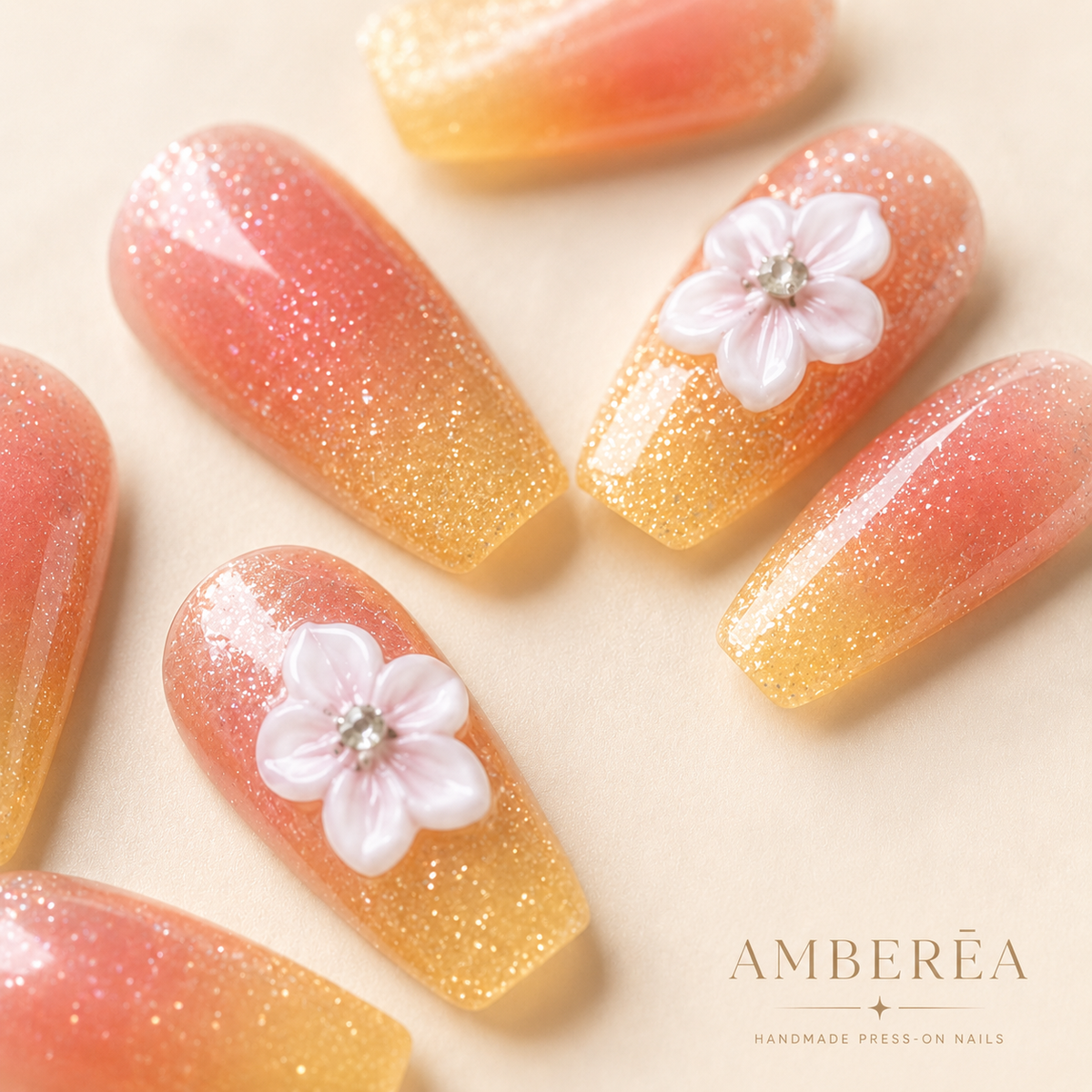 Peach Yellow Ombre Glitter Flower Press On Nails | Medium Coffin Fake Nails