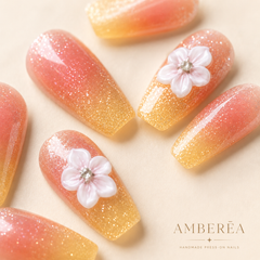 Peach Yellow Ombre Glitter Flower Press On Nails | Medium Coffin Fake Nails