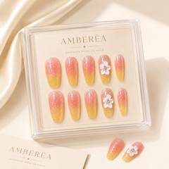 Peach Yellow Ombre Glitter Flower Press On Nails | Medium Coffin Fake Nails