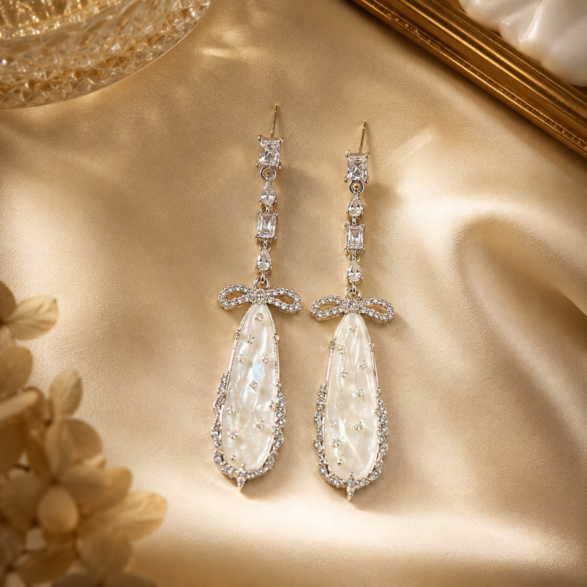 Silver Crystal Bow Drop Earrings | Bridal Mother of Pearl Dangle Earrings