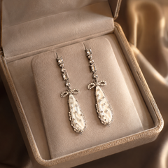 Silver Crystal Bow Drop Earrings | Bridal Mother of Pearl Dangle Earrings