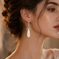 Silver Crystal Bow Drop Earrings | Bridal Mother of Pearl Dangle Earrings