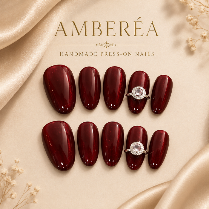 Burgundy Red Cat Eye Press On Nails | Short Almond Rhinestone Fake Nails