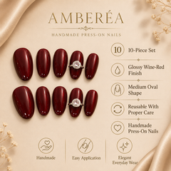 Burgundy Red Cat Eye Press On Nails | Short Almond Rhinestone Fake Nails