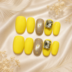 Bright Yellow Rhinestone Press On Nails | Short Square Reusable Fake Nails