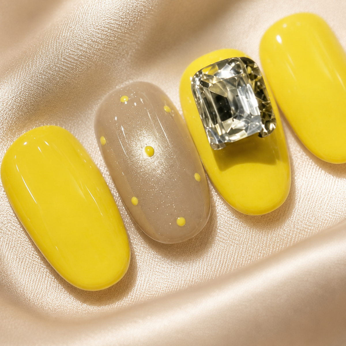 Bright Yellow Rhinestone Press On Nails | Short Square Reusable Fake Nails