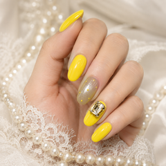 Bright Yellow Rhinestone Press On Nails | Short Square Reusable Fake Nails