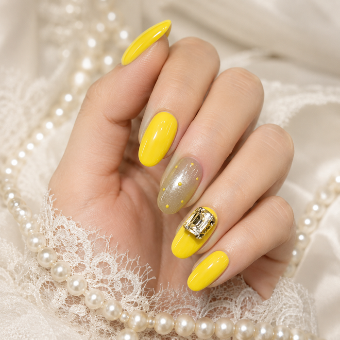 Bright Yellow Rhinestone Press On Nails | Short Square Reusable Fake Nails