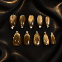 Brown Cat Eye Press On Nails with Rhinestones | Luxury Handmade Fake Nails