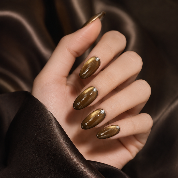 Brown Cat Eye Press On Nails with Rhinestones | Luxury Handmade Fake Nails