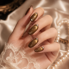 Brown Cat Eye Press On Nails with Rhinestones | Luxury Handmade Fake Nails