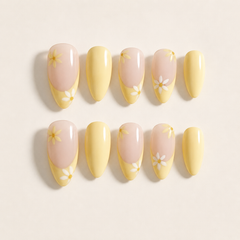 Yellow Daisy Press On Nails | Almond Floral Reusable Fake Nails