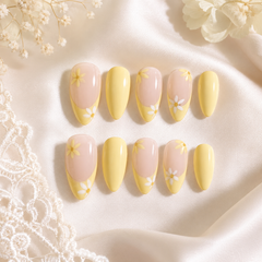 Yellow Daisy Press On Nails | Almond Floral Reusable Fake Nails