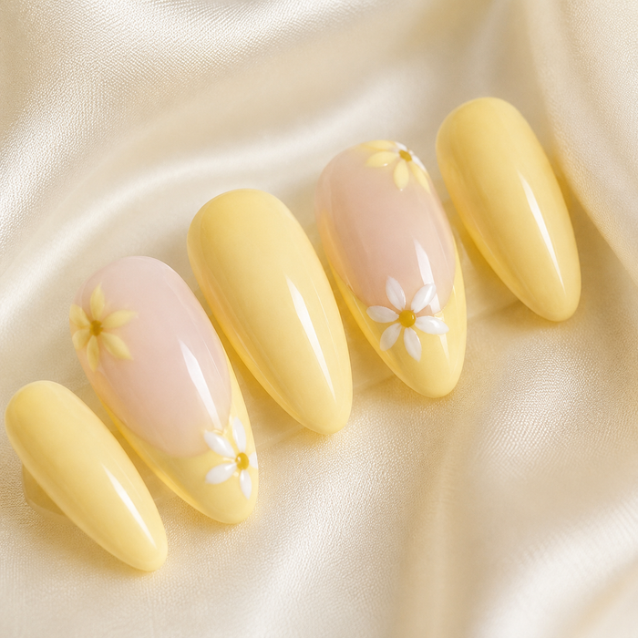 Yellow Daisy Press On Nails | Almond Floral Reusable Fake Nails