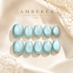 Light Blue Pearl Cat Eye Press On Nails | Short Square Reusable Fake Nails