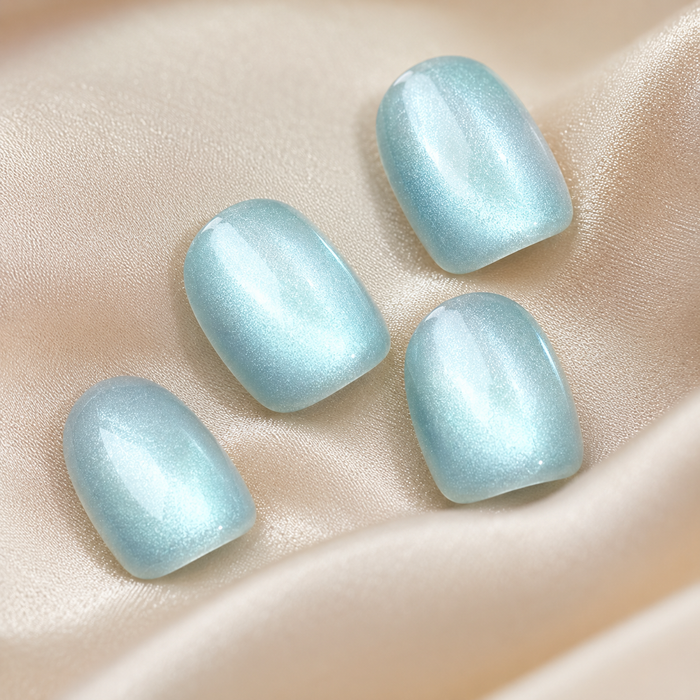 Light Blue Pearl Cat Eye Press On Nails | Short Square Reusable Fake Nails