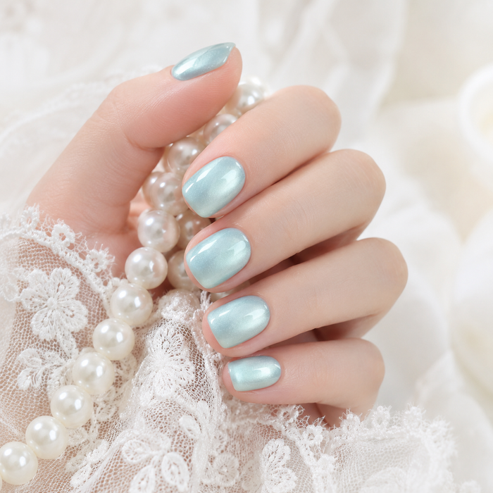 Light Blue Pearl Cat Eye Press On Nails | Short Square Reusable Fake Nails