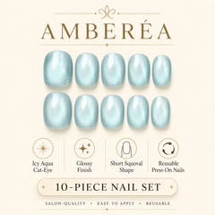 Light Blue Pearl Cat Eye Press On Nails | Short Square Reusable Fake Nails