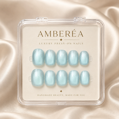Light Blue Pearl Cat Eye Press On Nails | Short Square Reusable Fake Nails