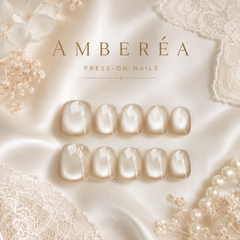 Cream White Pearl Cat Eye Press On Nails | Short Square Bridal Fake Nails
