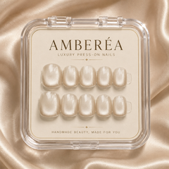 Cream White Pearl Cat Eye Press On Nails | Short Square Bridal Fake Nails