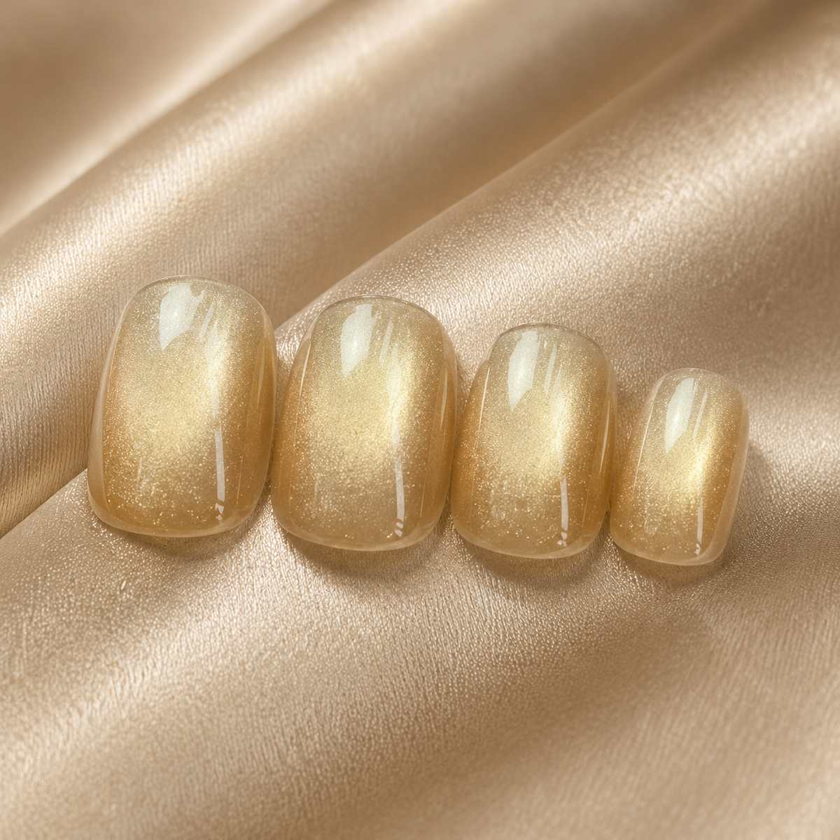 Champagne Gold Pearl Cat Eye Press On Nails | Short Square Bridal Fake Nails