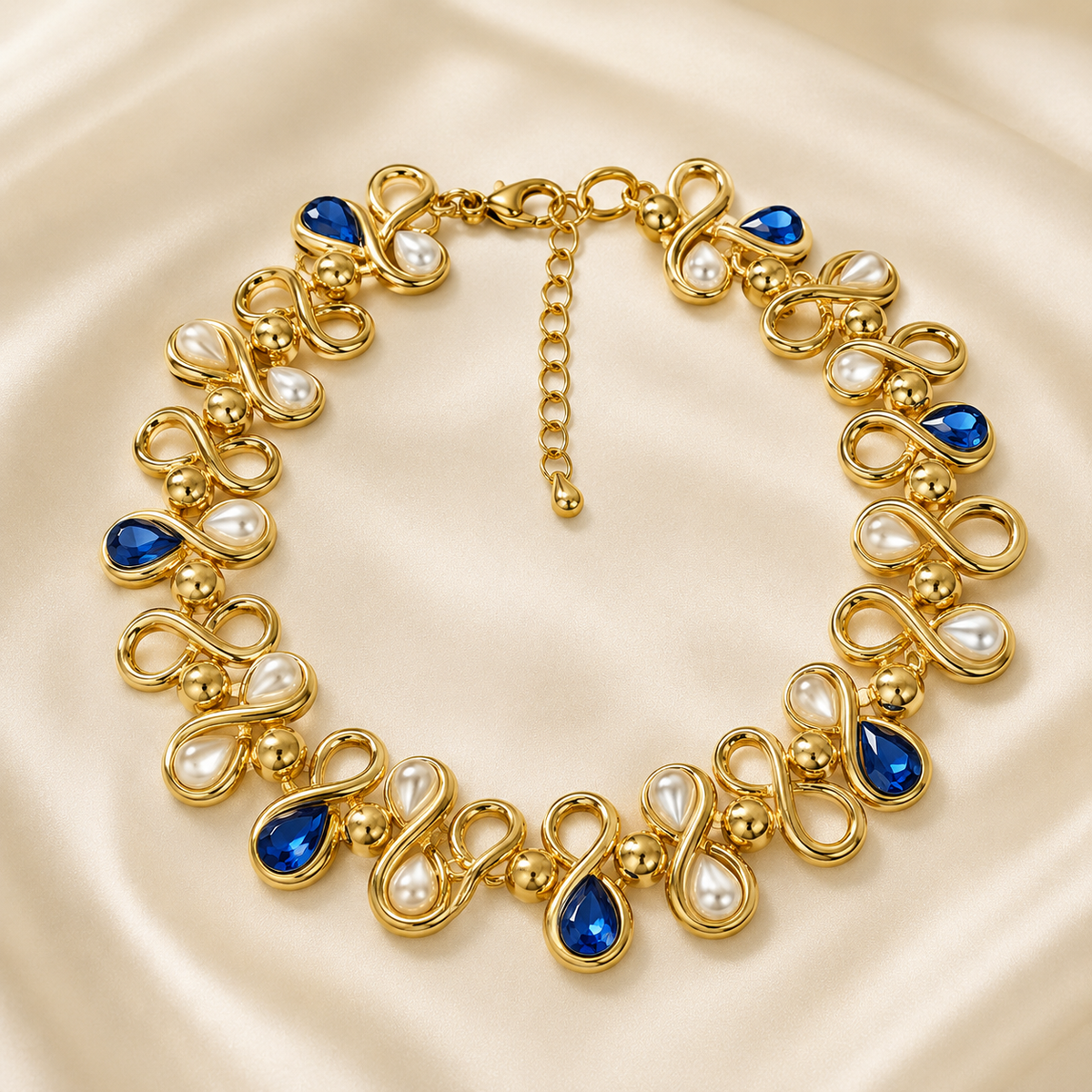 Blue Crystal Pearl Gold Statement Necklace | Elegant Teardrop Necklace for Women