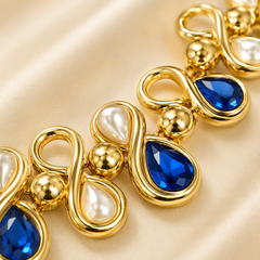Blue Crystal Pearl Gold Statement Necklace | Elegant Teardrop Necklace for Women