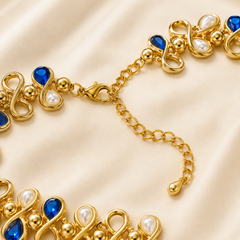 Blue Crystal Pearl Gold Statement Necklace | Elegant Teardrop Necklace for Women