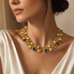 Blue Crystal Pearl Gold Statement Necklace | Elegant Teardrop Necklace for Women