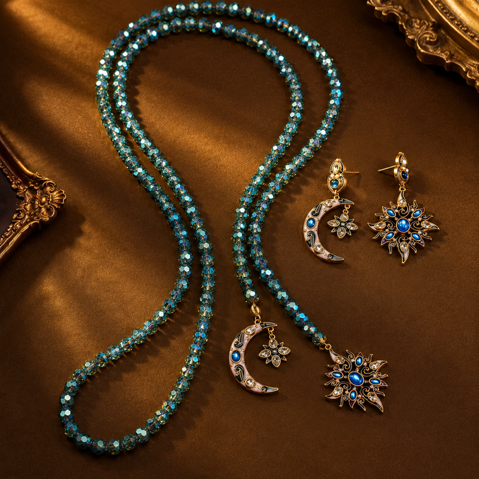 Blue Crystal Moon Star Jewelry Set | Celestial Necklace & Earrings