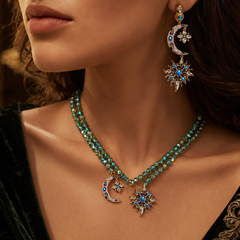 Blue Crystal Moon Star Jewelry Set | Celestial Necklace & Earrings