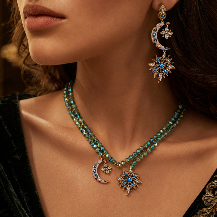 Blue Crystal Moon Star Jewelry Set | Celestial Necklace & Earrings