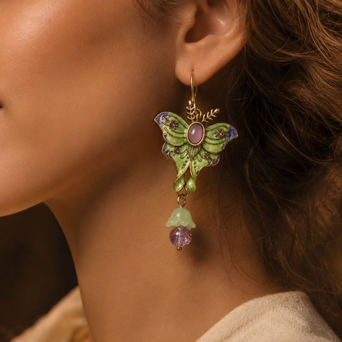 Green Butterfly Dangle Earrings | Vintage Floral Statement Earrings for Women