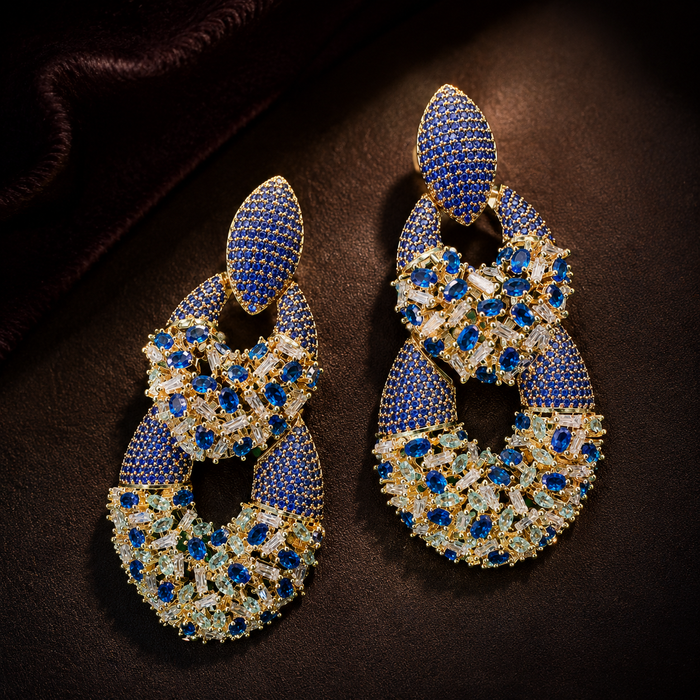 Blue Rhinestone Statement Earrings | Crystal Geometric Earrings for Women