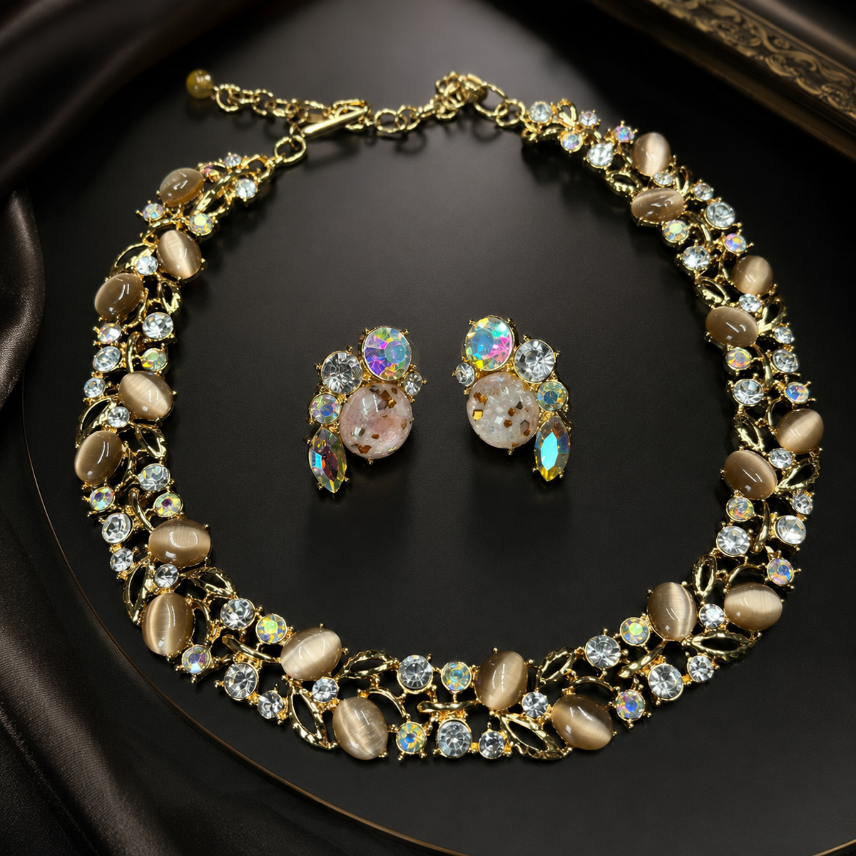 Vintage Cat Eye Crystal Necklace & Earrings Set | Gold Tone Statement Jewelry for Women
