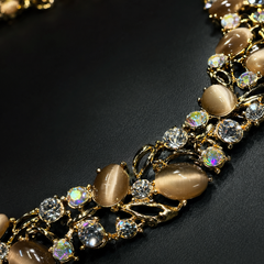 Vintage Cat Eye Crystal Necklace & Earrings Set | Gold Tone Statement Jewelry for Women