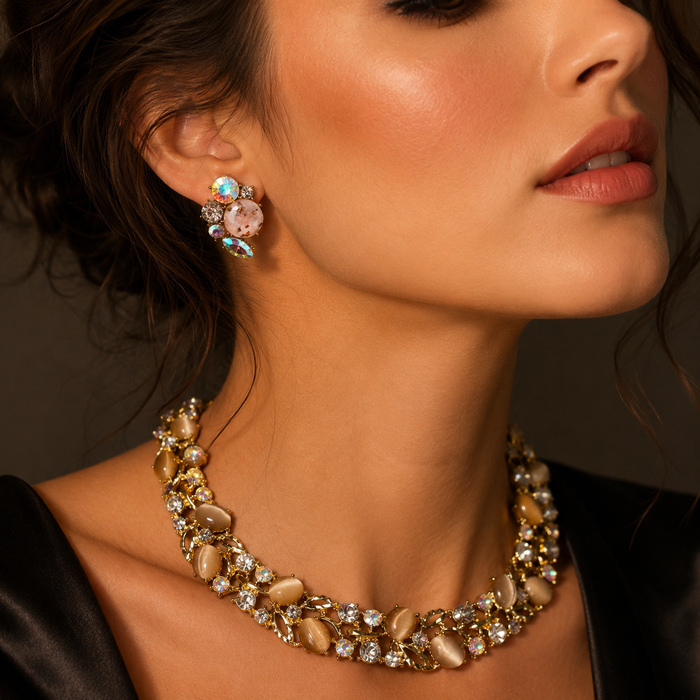 Vintage Cat Eye Crystal Necklace & Earrings Set | Gold Tone Statement Jewelry for Women