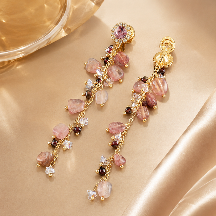 Pink Beaded Tassel Clip-On Earrings | Gold Long Dangle Statement Earrings