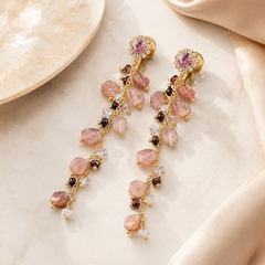 Pink Beaded Tassel Clip-On Earrings | Gold Long Dangle Statement Earrings