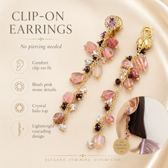Pink Beaded Tassel Clip-On Earrings | Gold Long Dangle Statement Earrings