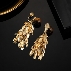 Gold Leaf Tassel Clip-On Earrings | Statement Non-Pierced Dangle Earrings for Women