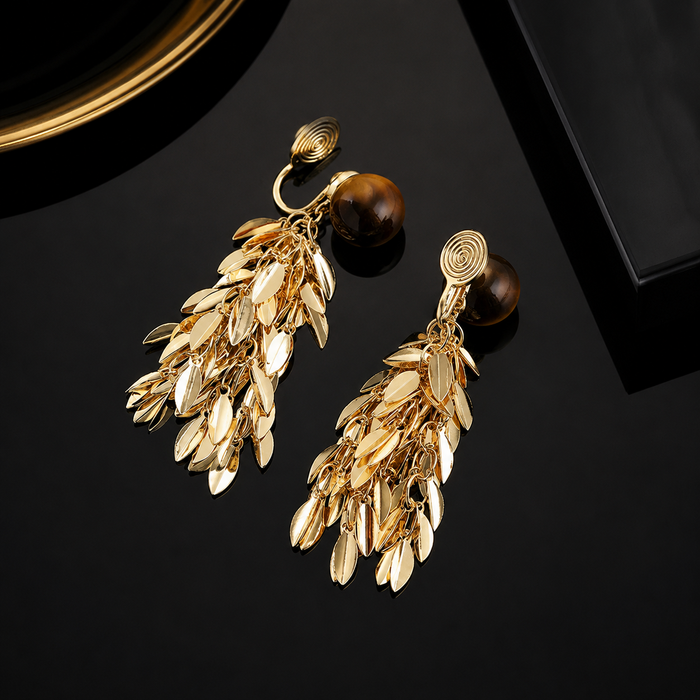 Gold Leaf Tassel Clip-On Earrings | Statement Non-Pierced Dangle Earrings for Women