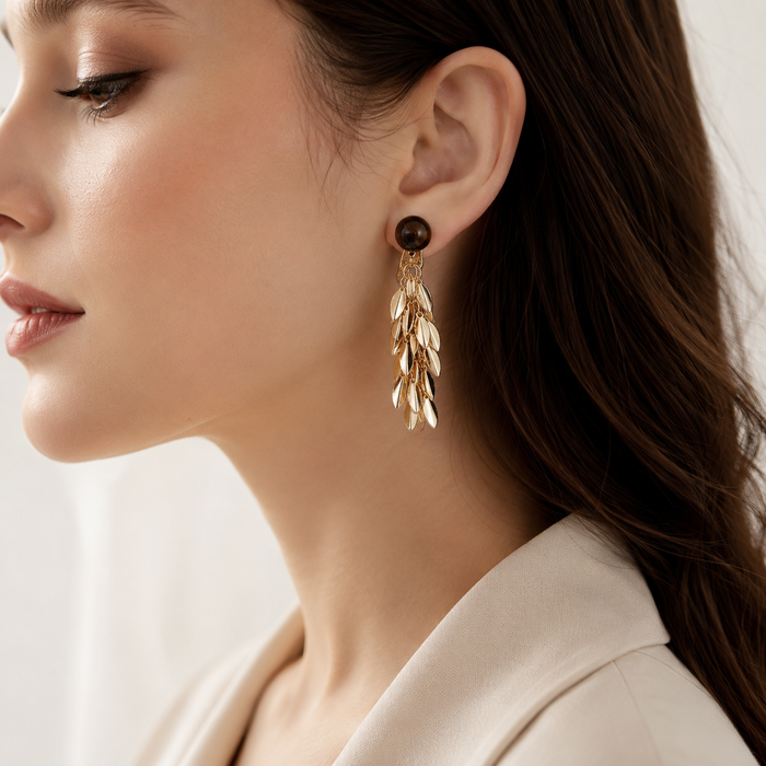 Gold Leaf Tassel Clip-On Earrings | Statement Non-Pierced Dangle Earrings for Women