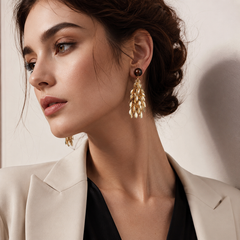 Gold Leaf Tassel Clip-On Earrings | Statement Non-Pierced Dangle Earrings for Women